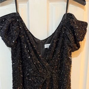 FAERIESTY Elegant Black Sequin Off Shoulder Dress holiday party new year’s eve